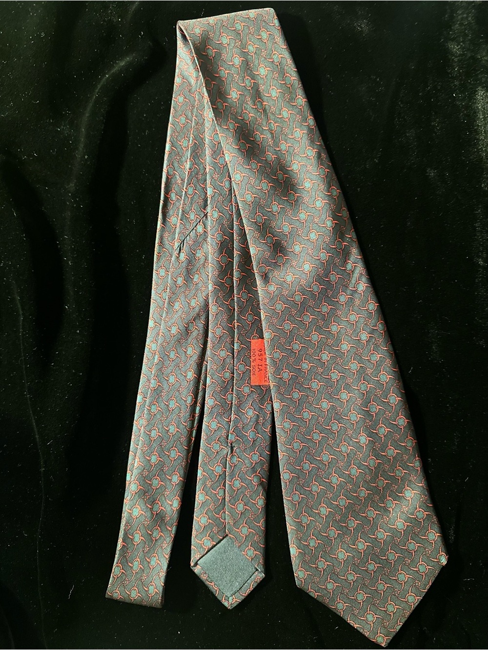 Hermes Green Silk Tie with Orange Geometric Motif